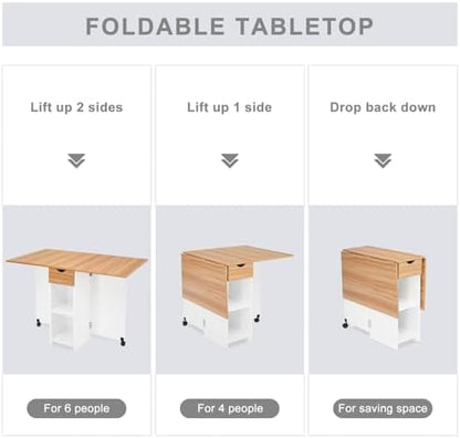 Mondeer Folding Dining Table with Drawer and Shelves, White & Red Oaku