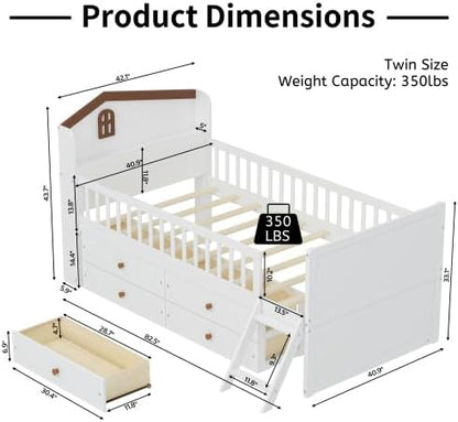 Bellemave Kids Twin Platform Bed with 4 Drawers & Storage Headboard, Wooden Twin Bed Frame with Safety Guardrails & Ladder for Kids Girls Boys, White