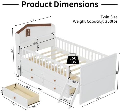 Bellemave Kids Twin Platform Bed with 4 Drawers & Storage Headboard, Wooden Twin Bed Frame with Safety Guardrails & Ladder for Kids Girls Boys, White