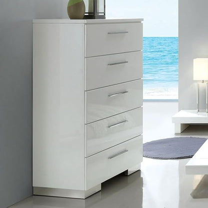 First of a Kind Queen Size Contemporary Bedroom Furniture 5 Piece Set in White - Low Profile Bed, Padded Headboard & High Gloss Finish - Bed, Nightstand, Dresser, Mirror & Storage Chest Set
