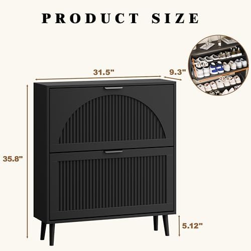Fluted Black Shoe Cabinet with 2 Flip Drawers, Narrow Wood Shoe Storage Cabinet, Slim Shoe Rack for Entryway, Freestanding Shoe Cabinet for Living Room, Hallway
