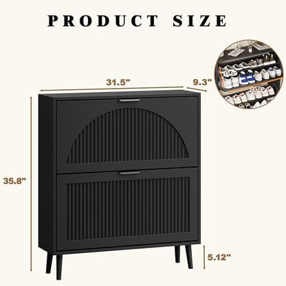 Fluted Black Shoe Cabinet with 2 Flip Drawers, Narrow Wood Shoe Storage Cabinet, Slim Shoe Rack for Entryway, Freestanding Shoe Cabinet for Living Room, Hallway