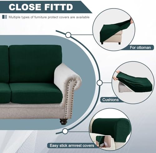 UNBBRRL Seat Cushion Cover and Back Covers for Corner Sofa Stretch Jacquard, Non Slip L Shaped Sofa Slipcover with Storage Ottoman, Sectional Couch Cover for Chaise Lounge (Dark Green,16 x 45 x 6”)