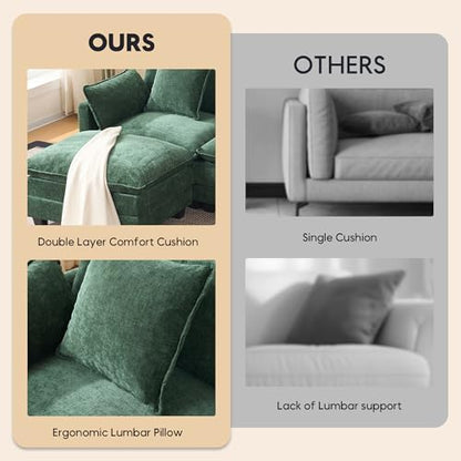 Modern 102" L Shaped Sectional Sofa Cloud Couch, Comfy Chenille Modern Modular Sleeper Sofa, Upholstery Sofa with Ottoman & Memory Foam for Living Room, Green