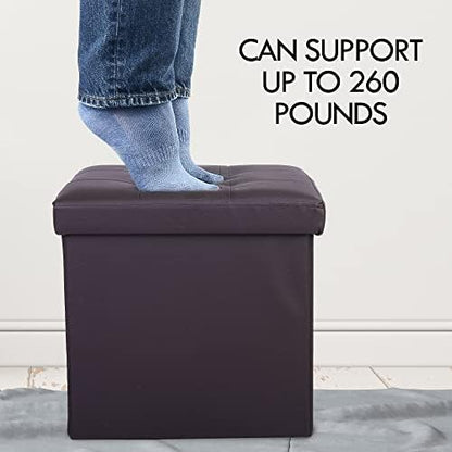 LotFancy Storage Ottoman Cube, Brown Foot Stool Ottoman,13x12x12 inch Square Ottoman with Lid, Faux Leather Seat for Dorm