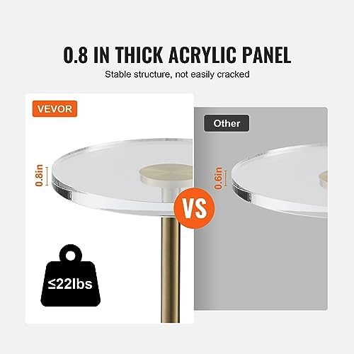 VEVOR Clear Acrylic Side Table, Modern End Table with Solid Base, φ12 inch Round Tabletop, 21 inch High, 20mm Thick, for Coffee, Drink, Food, Snack Used in Living Room, Bedroom, Office, Easy Assembly
