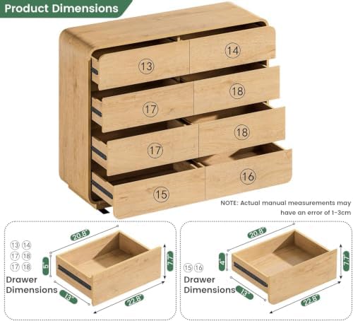 Natural Dresser with 8 Drawers, FarmhouseDresser for Bedroom, Rustic Drawers,Storage Closet, Chest of Drawers Handleless Design,Living Room, Curved Dresser Design 47" Wide