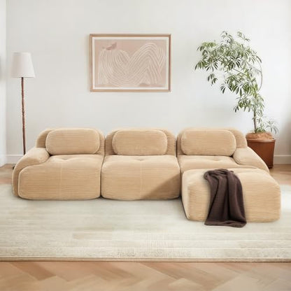 117" Corduroy Modern Sectional Couch, Boneless Couch, Compact sofa, Camel