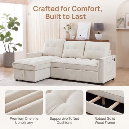 71" L Shaped Queen Pull Out Sofa Bed with Storage, USB Port, Beige