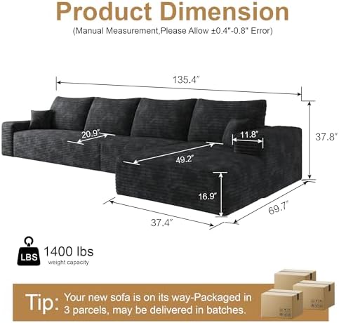 AUGOP Sectional Couches for Living Room Modern Modular Sofa with L-Shape Couchs Upholstered Boneless Couch Deep Seat Sectional Couch with Chaise