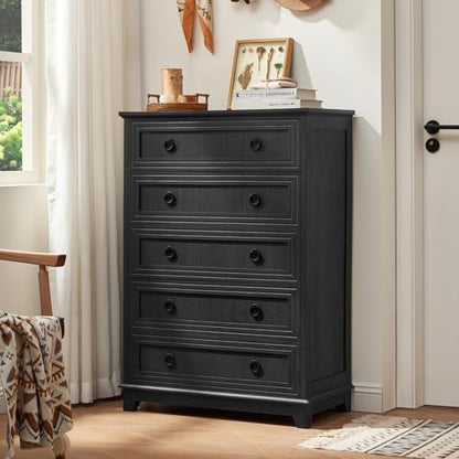 Joaxswe Farmhouse 5 Drawer Dresser for Bedroom Set of 2, 42" Tall Small Dressers & Chest of Drawers, Rustic Wood Dresser with Metal Handle, Storage Organizer Closet for Living Room, Hallway,Entryway