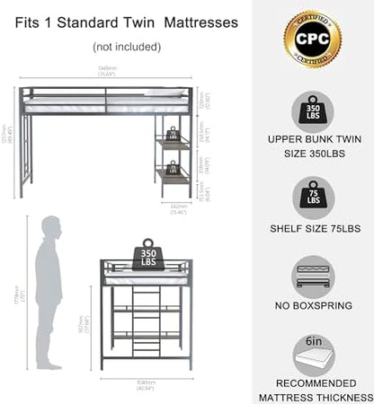 GDFStudio Junior Twin Loft Bed Frame, Twin Size Corner Bed with Cinnamon Wood Shelf,No Box Spring Needed, Noise Free, Black
