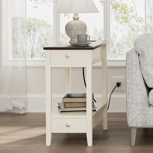 End Tables Living Room Set of 2 with Charging Station and 2 Drawers