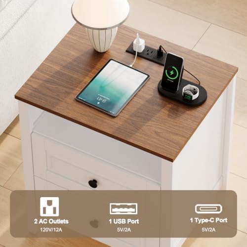 ChooChoo Nightstands Set of 2, with Charging Station, White and Walnut
