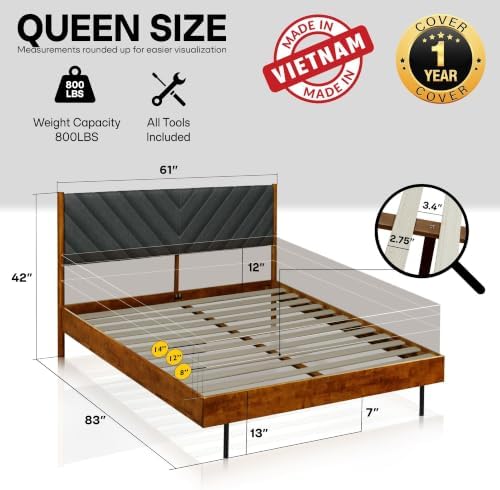 Acacia Astoria Wood Bed Frame with Upholstered Headboard, Queen, Caramel