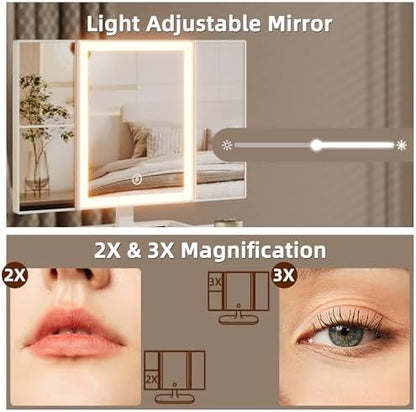 Small Makeup Vanity Desk 35''W with Mirror and Lights, 3 Drawers