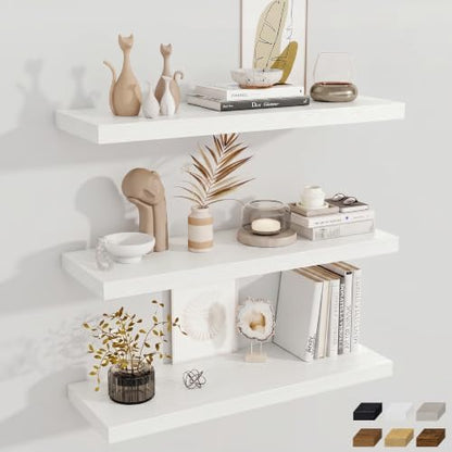Deep Floating Shelves, 36" W x 12" D Wood Floating Shelves for Wall, 3 Pack Extra Deeper & Thicker Wall Mounted Storage Shelf for Living Room Laundry Room Kitchen Home Office, White
