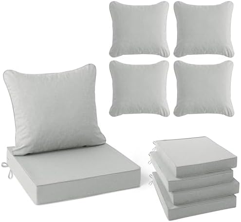 Patio Cushions for Outdoor Furniture, Faux Linen Water Resistant Backrest and Deep Seat Cushion Set with Non-Slip Bottom, Ties, Removable Cover, 22 x 22 Inch, Light Grey, Set of 4