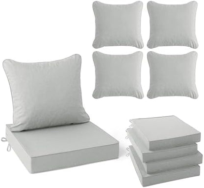 Patio Cushions for Outdoor Furniture, Faux Linen Water Resistant Backrest and Deep Seat Cushion Set with Non-Slip Bottom, Ties, Removable Cover, 22 x 22 Inch, Light Grey, Set of 4
