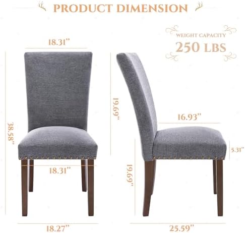 Parsons Dining Chairs Set of 4, Upholstered Nailhead Dining Room Kitchen Side Chair with Thick Cushions and Wood Legs, Dark Grey