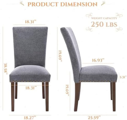Parsons Dining Chairs Set of 4, Upholstered Nailhead Dining Room Kitchen Side Chair with Thick Cushions and Wood Legs, Dark Grey