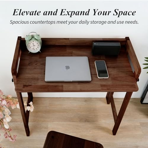 Computer Desk, Foldable Desk, Home Office Desks, Solid Wood Writing Desk, Mid Century Modern Desks, Oak Study Table, Folding Desks for Small Spaces, 31.5 W x 27.6 H x 13.6 D Inches, Walnut