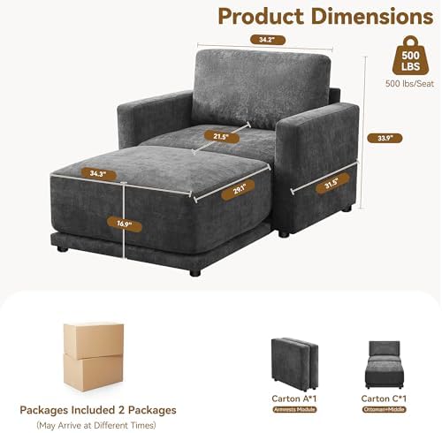 Modular Sectional Couch, 44.2" Chenille Single Sofa with Ottoman, Grey