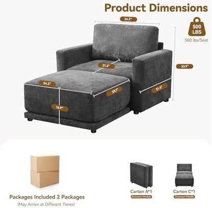 Modular Sectional Couch, 44.2" Chenille Single Sofa with Ottoman, Grey