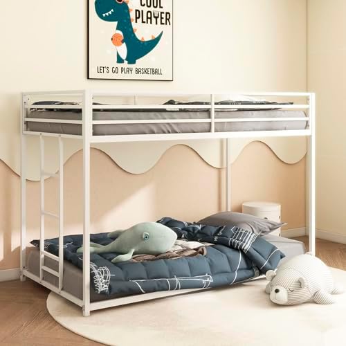 GDFStudio Bunk Bed Twin Over Twin Size, Corner Bed Frame with Metal Safety Guard Ladder,No Box Spring Needed, Noise Free, White