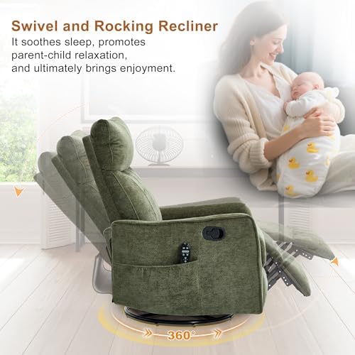 Manual Swivel Rocker Recliner Chair for Adults, Overstuffed Reclining Glider Chair for Nursing with Vibration Massage & Heat, Living Room Rocking Recliner 2-Stage backrest, Chenille Fabric Green