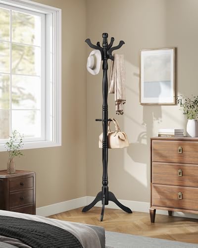 VASAGLE Freestanding Coat Rack, Rubber Wood Coat Tree with 11 Hooks