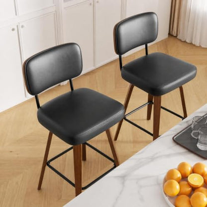 Garvee Counter Height Bar Stools Set of 3, 26" Swivel Bar Stools with Back & Bentwood Legs,Faux Leather Upholstered Counter Stools for Kitchen Counter, Black