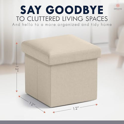 Ornavo Home Small Square Storage Ottoman, Foldable Linen, 12x12x12, Beige