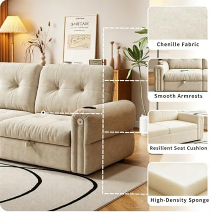 Convertible Couches, Queen Size Pull Out Sofa Bed with USB Charging Port and Cup Holders, Plannelette Fabric Convertible Sofa Bed for Small Space, Living Room, Apartment, Guest Room, Beige