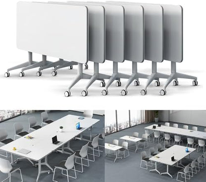 Folding Conference Table Modern Large Mobile Meeting Table Rolling Conference Room Tables with Wheels Seminar Tables for Office Training Classroom (6, White, 55" D X 23.6" W X 29.5" H)