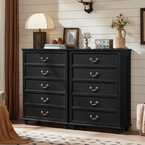 Joaxswe Farmhouse 5 Drawer Dresser Set of 2 for Bedroom, 45" Tall Rustic Chests of Drawers w/ 4 Solid Wood Feet, Vintage Mid Century Wooden Closet Storage Dressers Organizer for Living Room, Black