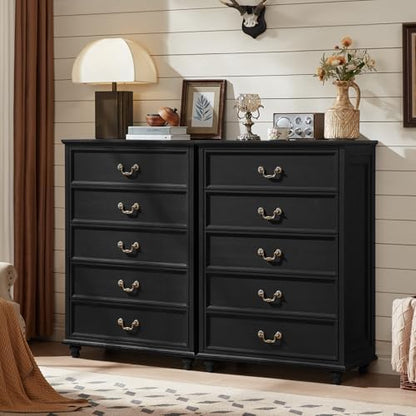 Joaxswe Farmhouse 5 Drawer Dresser Set of 2 for Bedroom, 45" Tall Rustic Chests of Drawers w/ 4 Solid Wood Feet, Vintage Mid Century Wooden Closet Storage Dressers Organizer for Living Room, Black