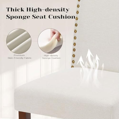 Kitchen Chairs Set of 2 Modern Upholstered Fabric Seat with Nailhead Trim and Ergonomic Lumbar Support for Living Room and Rustic Farmhouse Dining Area, Beige