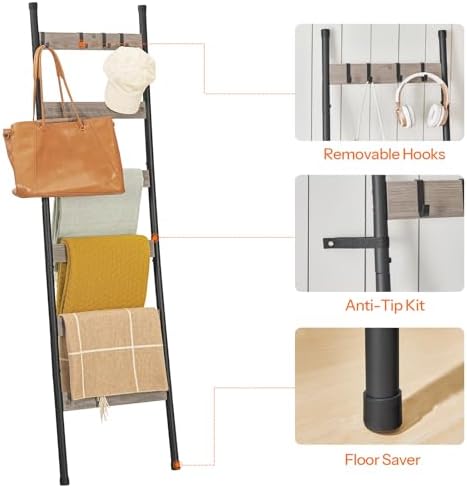 HOOBRO Blanket Ladder, 6-Tier Towel Rack with Hooks, Wall-Leaning Blanket Rack, Decorative Display Ladder Shelf, Scarves, Industrial, Living Room, Bedroom, Black and Greige BG66CJ01
