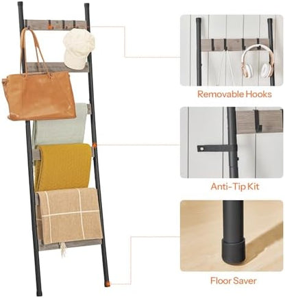 HOOBRO Blanket Ladder, 6-Tier Towel Rack with Hooks, Wall-Leaning Blanket Rack, Decorative Display Ladder Shelf, Scarves, Industrial, Living Room, Bedroom, Black and Greige BG66CJ01