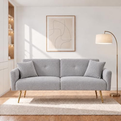 Futon Sofa Bed, Teddy Convertible Couches with Side Pocket, Gray