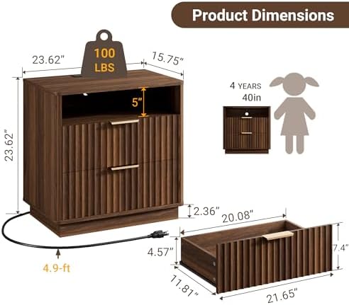 23" W Walnut Fluted Nightstand with Charging Station for Bedroom