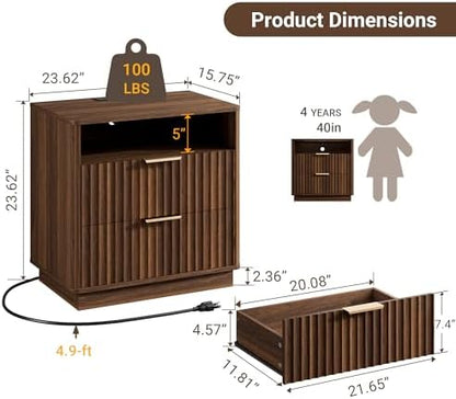 23" W Walnut Fluted Nightstand with Charging Station for Bedroom