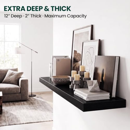 12 Inch Deep Floating Shelves Black, 48 Inch Long, 2" Thick Floating Shelves for Wall, Hidden Bracket, Scratch-Resistant Wood Grain for Bedroom Bathroom Kitchen, Coffee Bar, Bookshelf