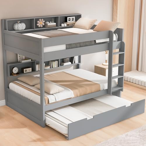 Wood Bunk Bed Full Over Full Size with Built-in Storage Shelves, Versatile Bunk Bed Frame with Ladder and Trundle Bed for Kids Teens Adults, Maximize Space (Gray-2.10)