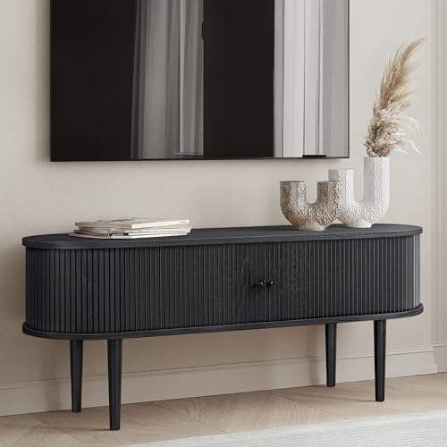 55’’ Black TV Stand with Storage and Shelves for 32-60 Inch TVs. Black Entertainment Center with Doors for Living Room and Bedroom, Mid Century Modern Console Table, Media Cabinet (Black Oak)