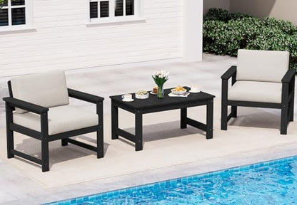 SERWALL 3 Pieces HDPE Outdoor Sofa Bistro Set with Cushions & Coffee Table