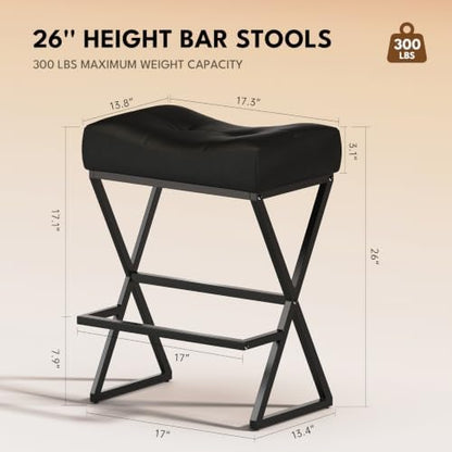 Counter Height Bar Stools Set of 2, Backless 26" Saddle Barstools, Black