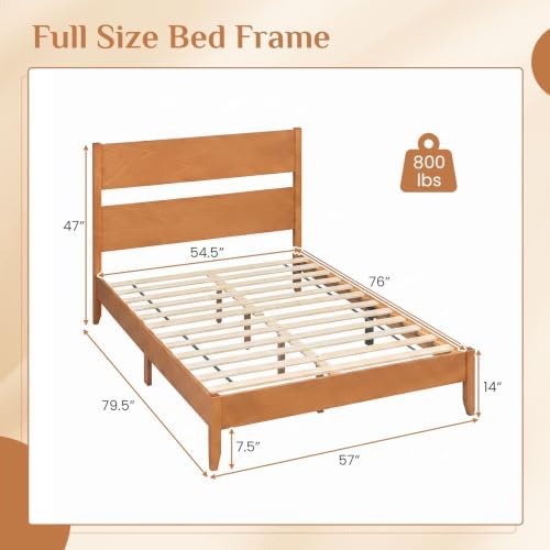 GIANTEX Full Size Wooden Bed Frame with Slatted Headboard (Warm Brown)