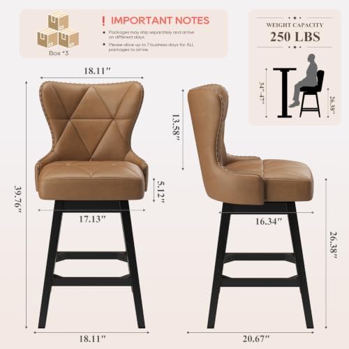 MALOL Swivel Counter Height Bar Stools Set of 6, Tall Faux Leather Barstools, Modern Bar Chairs with Solid Back and Wood Legs for Kitchen Island，Brown